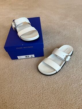 Stuart Weitzman White Double-Strap Slide Sandals with Silver Buckle